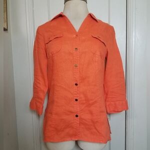 JM COLLECTION 100% Linen Orange Button down 3/4 Sleeve Blouse 12